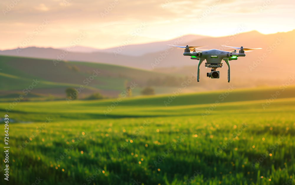 Green Agricultural Drone Surveying a Lush Field During a Sunny Summer Day