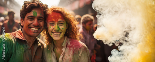 A Happy Couple with Colorful Faces at a Festival, Fictional Character Created by Generated AI.