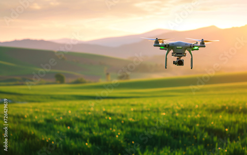 Green Agricultural Drone Surveying a Lush Field During a Sunny Summer Day © Evgeny
