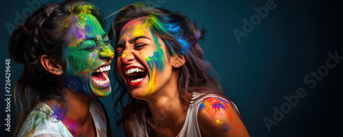 Two women having fun with colorful paint on their faces, Fictional Character Created by Generated AI.