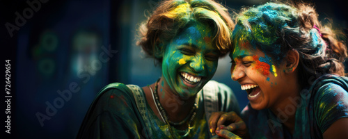 Colorful friends enjoying a Holi celebration, Fictional Character Created by Generated AI.