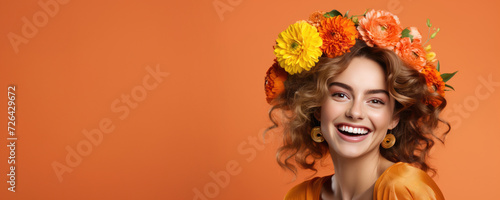Radiant Orange Flowers and Beautiful Smiling Woman, Fictional Character Created by Generated AI.