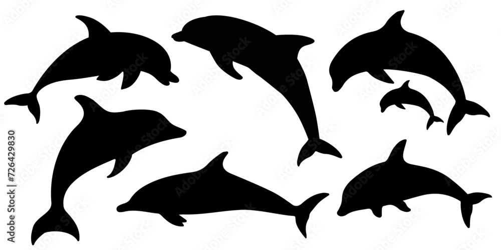 Naklejka premium Dolphin vector isolated on white background illustration, sea fish, swimming flipper dolphins, dolphin pair silhouette.