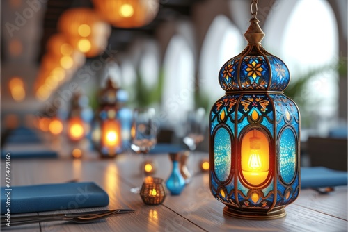 Dining table with ramadan vibes decoration Holy month of Ramadan concept professional advertising food photography