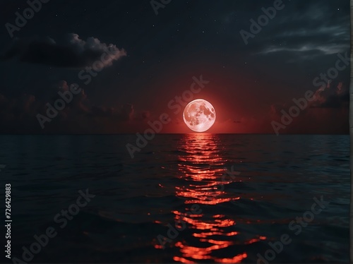 A beautiful red moon with glowing reflection on the water of the ocean from Generative AI