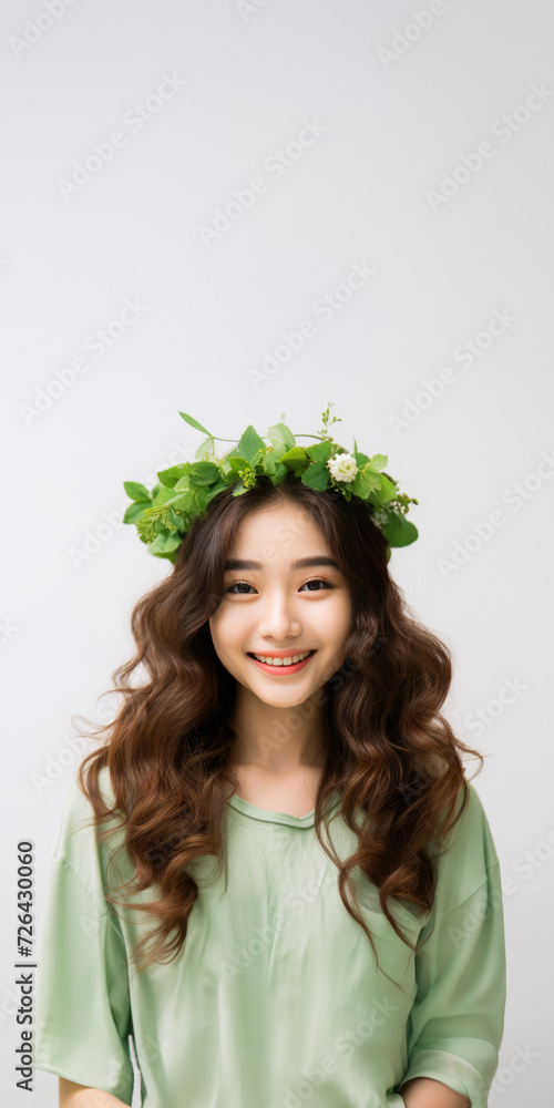 Beautiful woman with a green crown of leaves, Fictional Character Created by Generated AI.