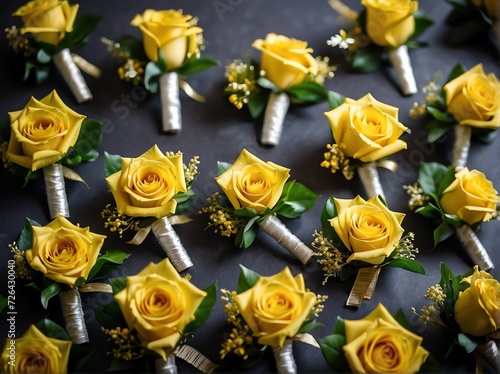 Set of yellow themed corsage for prom or wedding occassions from Generative AI photo