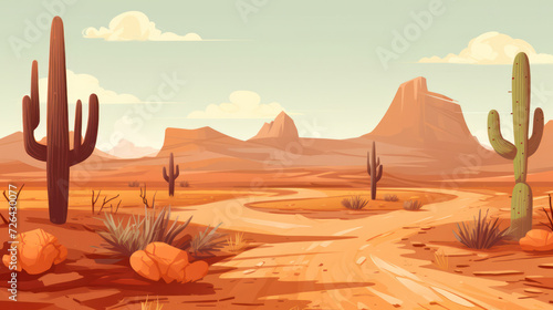 Desert Majesty: A Cartoon Landscape Illustration of a Beautiful Red Sunset over the Dry Desert Sand, with Majestic Mountains Silhouetted against a Vibrant Orange Sky.
