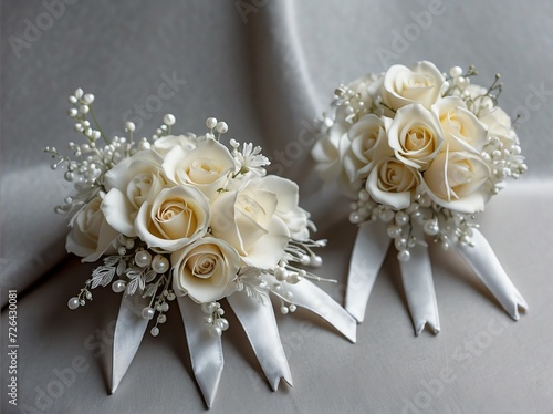 Set of white themed corsage for prom or wedding occassions from Generative AI photo