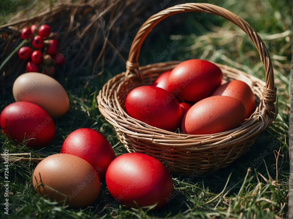 Red easter eggs in a wicker basket from Generative AI Red easter eggs in a wicker basket from Generative AI
