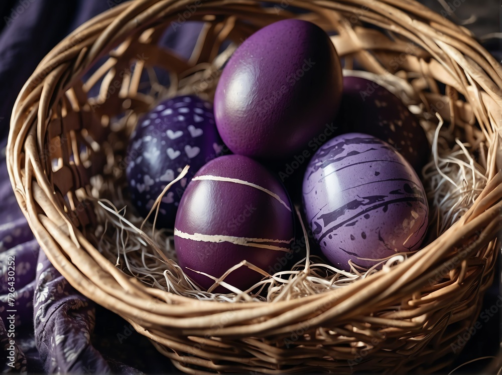 Obraz premium Purple easter eggs in a wicker basket from Generative AI
