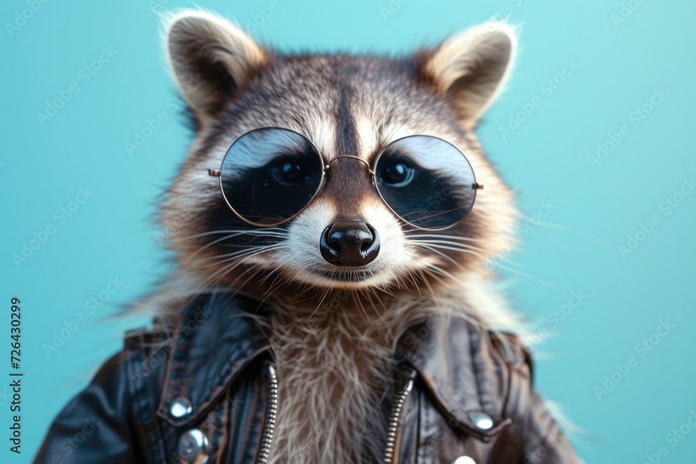 Obraz premium A stylish raccoon wearing sunglasses and a leather jacket. Perfect for fashion or wildlife-themed projects