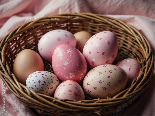 Pink easter eggs in a wicker basket from Generative AI