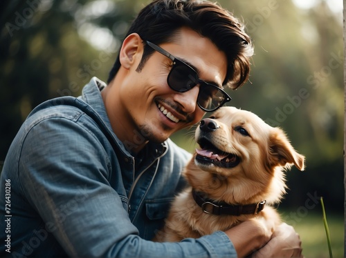 Handsome young man smiling happy with his cute adorable dog from Generative AI © Arceli