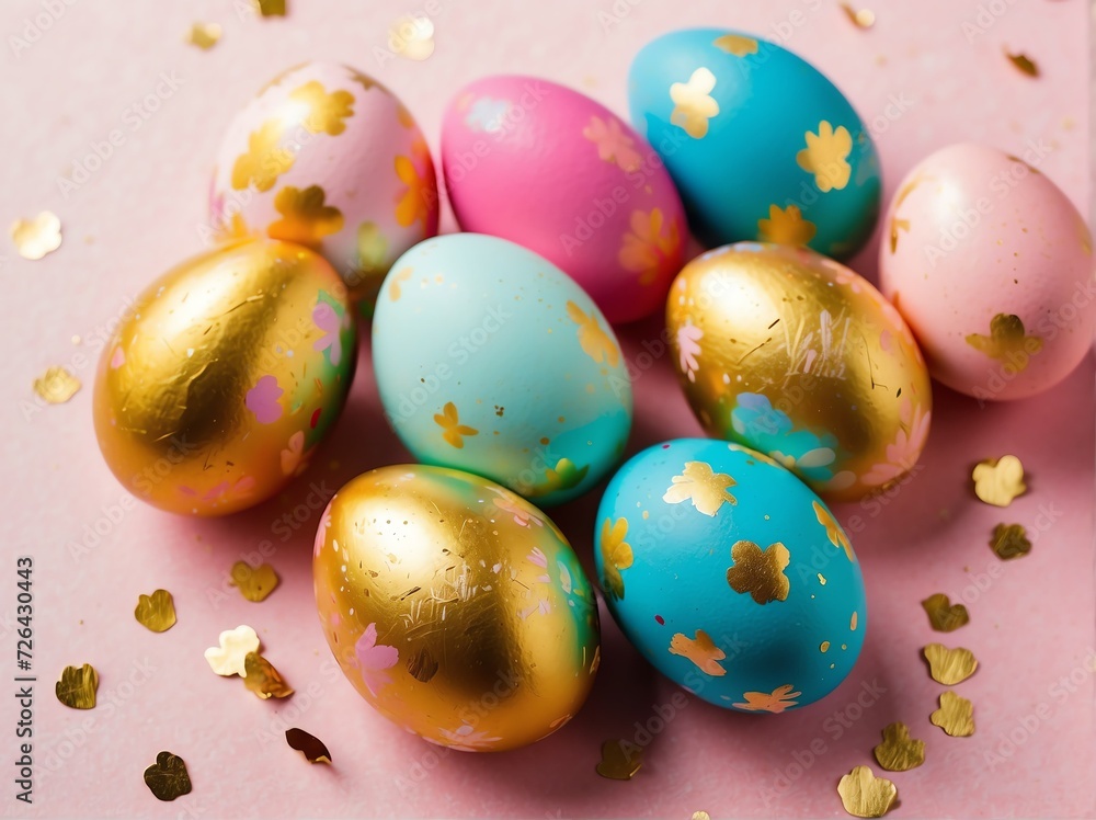 Colorful easter eggs with spring gold themed confetti from Generative AI