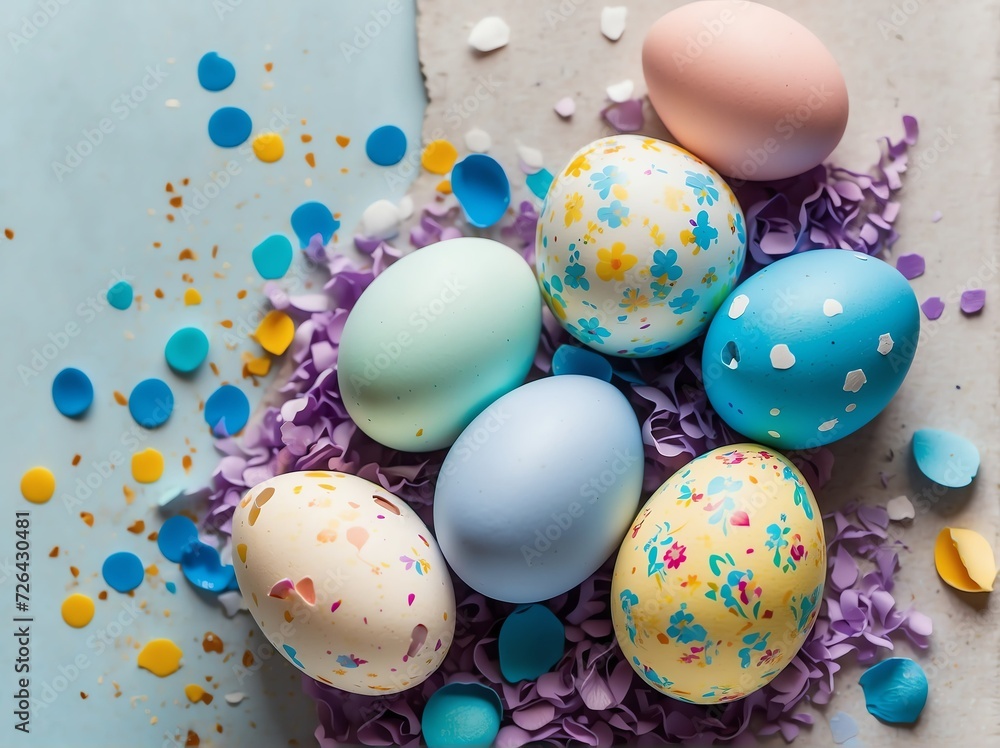 Colorful easter eggs with spring blue themed confetti from Generative AI