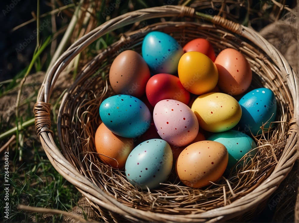 Colorful easter eggs in a wicker basket from Generative AI Colorful easter eggs in a wicker basket from Generative AI