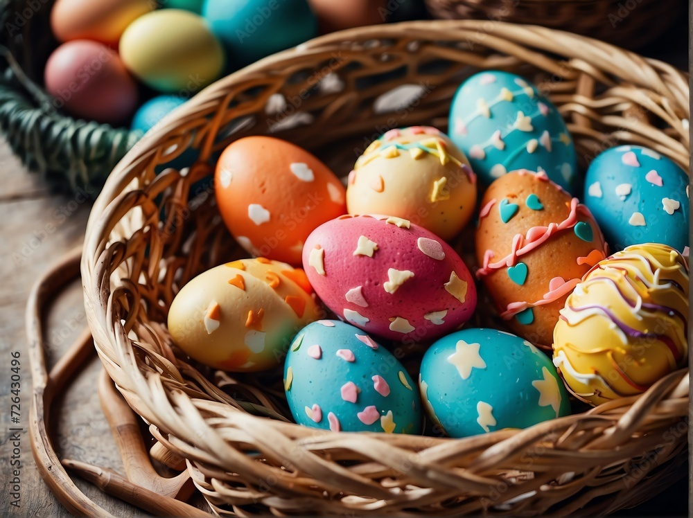 Colorful easter egg shaped cookies in a wicker basket from Generative AI Colorful easter egg shaped cookies in a wicker basket from Generative AI