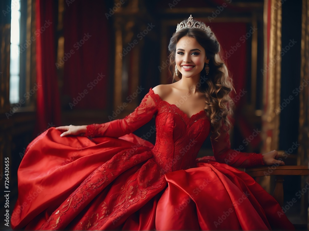 Beautiful young woman smiling happy dressed as a princess in red dress from Generative AI Beautiful young woman smiling happy dressed as a princess in red dress from Generative AI