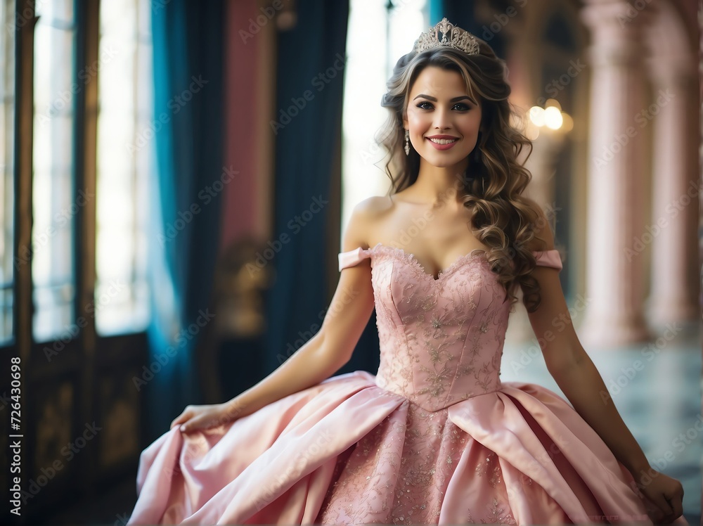 Naklejka premium Beautiful young woman smiling happy dressed as a princess in pink dress from Generative AI