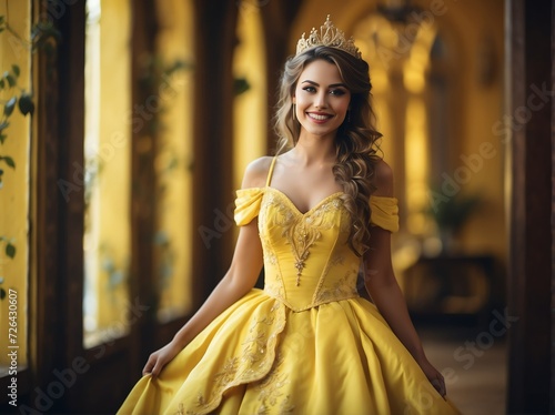 Beautiful young woman smiling happy dressed as a princess in yellow dress from Generative AI