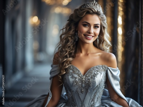 Beautiful young woman smiling happy dressed as a princess in silver dress from Generative AI