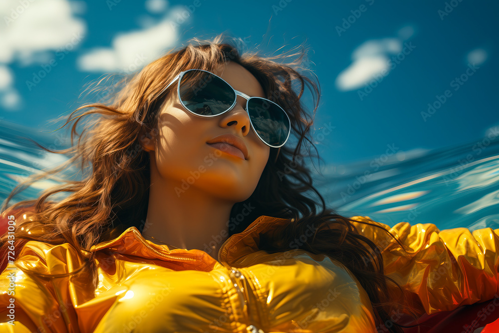 Beautiful young woman in sunglasses and yellow dress lying on a sun lounger by the pool. Beautiful young woman in sunglasses and yellow dress lying on a sun lounger by the pool.