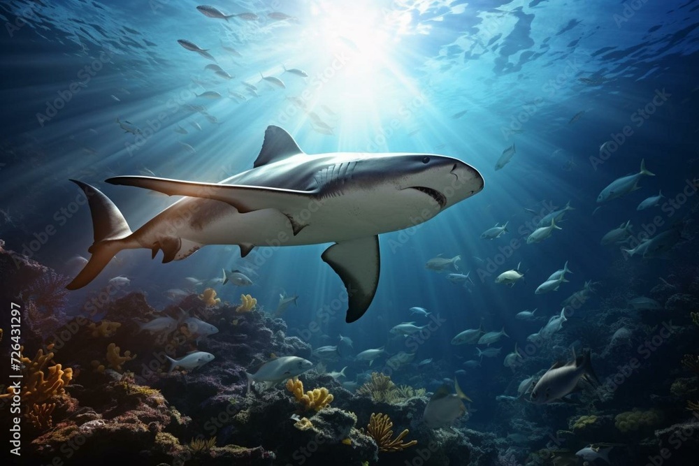 Fototapeta premium Hammerhead shark approaching prey in ocean coral reef with rays of light. Generative AI