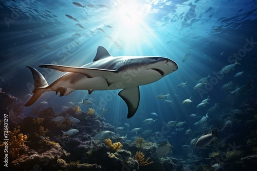 Hammerhead shark approaching prey in ocean coral reef with rays of light. Generative AI