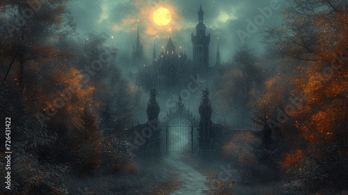 in the background is a medieval, gothic castle, trees, 