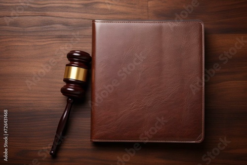 Wooden gavel and leather folder on brown wooden background. Generative AI