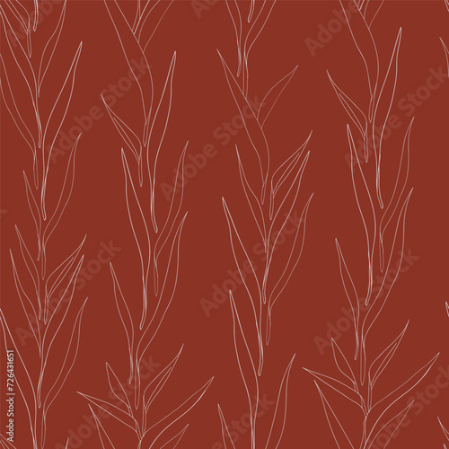 Vertical pattern of hand drawn tropical vines in burnt umber color. Vector seamless pattern design for textile, fashion, paper, packaging, wrapping and branding