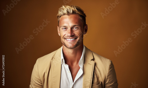 Handsome smiling man with blond hair and a white shirt, wearing a camel-colored blazer against a warm brown background photo
