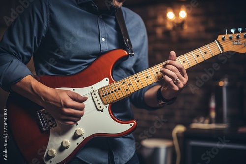 Dynamic music band with guitarist performing on stage, soft blur background for studio performance