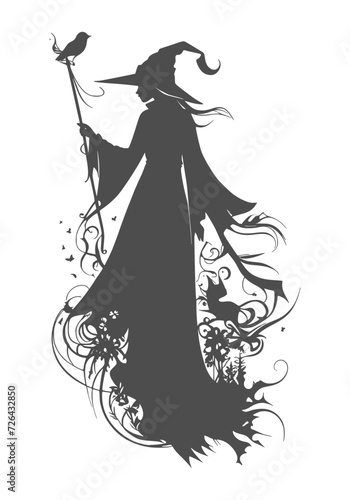 Silhouette of walking young cute witch girl with bird. Long curly hair. Halloween relative character silhouette