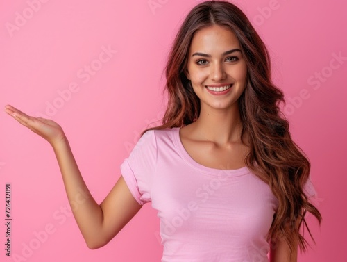 Positive woman top indicating at offer on palm empty space