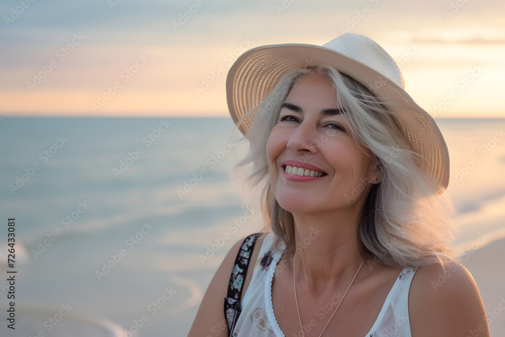 Smiling mature woman with hat, enjoying natural lifestyle at beach, healthy