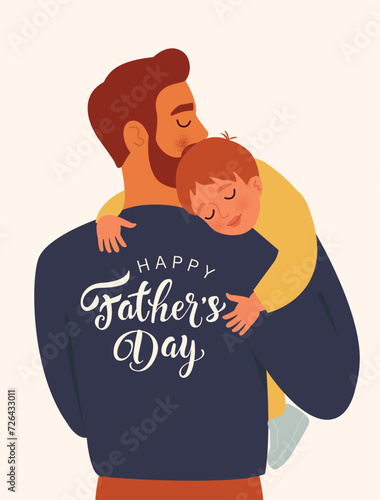Happy father's day celebration vector card illustration. Dad and son. Father and son hugging. Removable lettering in background