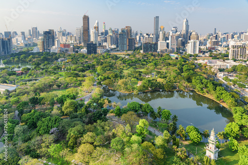 Awesome aerial view of Lumphini Park and Bangkok city, Thailand photo