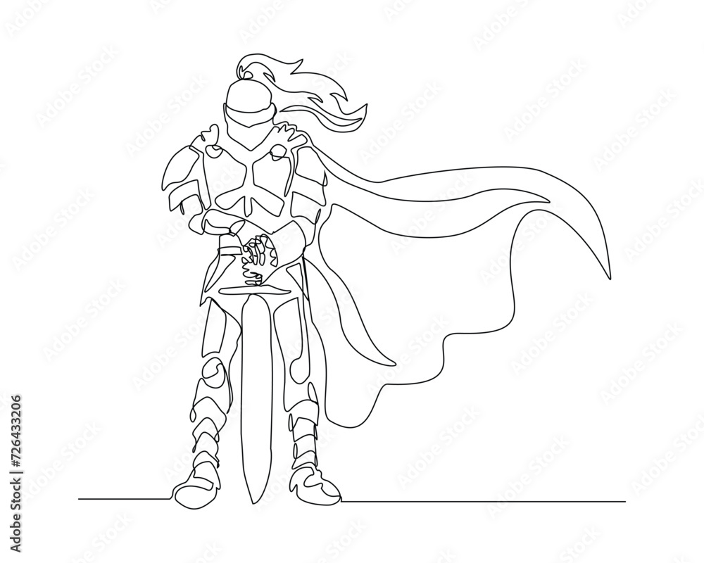 Continuous single line sketch drawing of knight warrior sparta armor protection. One line art of ancient military soldier armor greek roman vector illustration