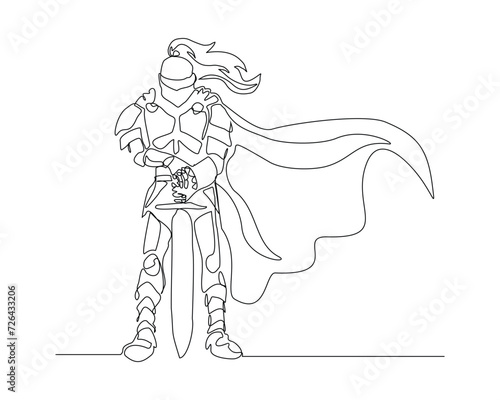 Continuous single line sketch drawing of knight warrior sparta armor protection. One line art of ancient military soldier armor greek roman vector illustration