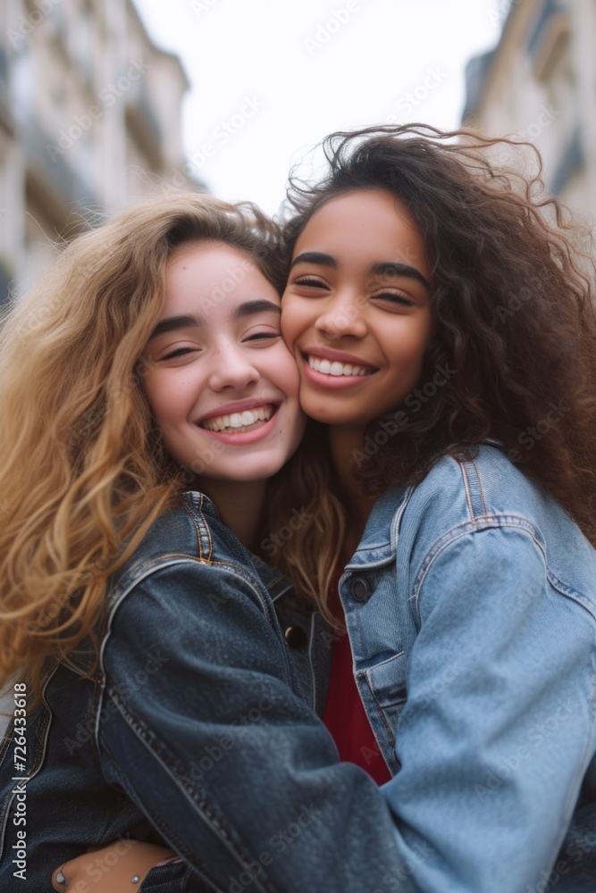 Obraz premium Two young women hugging each other in a city. Perfect for capturing friendship and connection. Can be used to illustrate relationships, diversity, and urban lifestyle