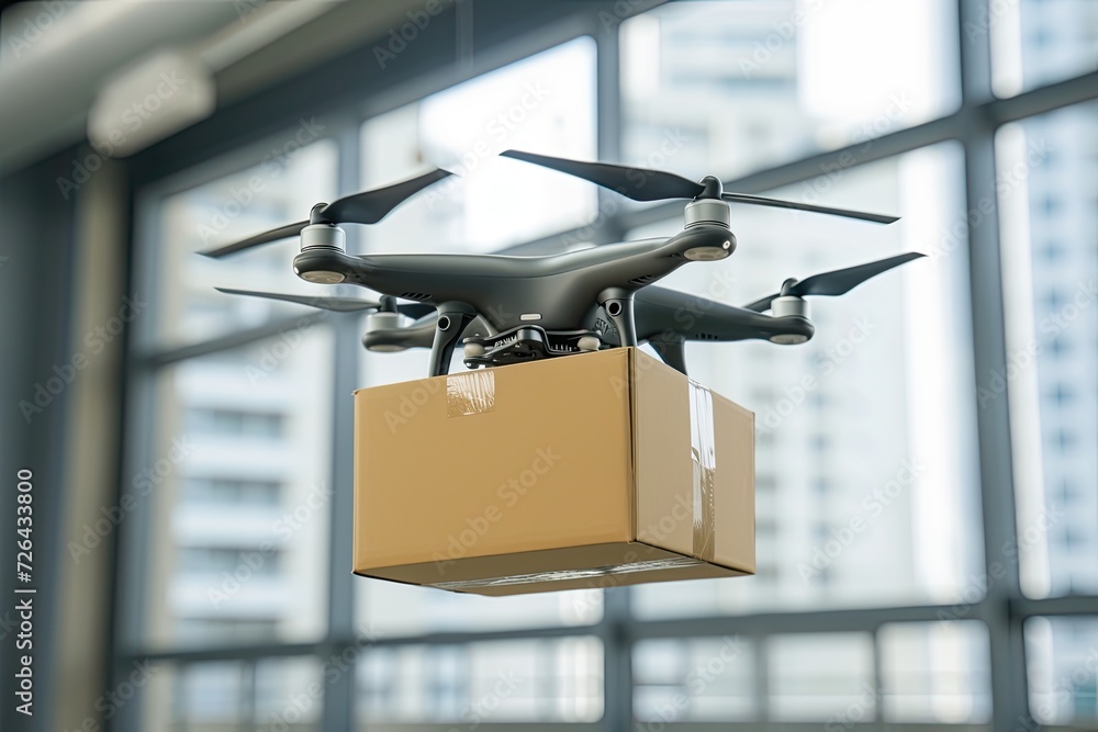 A drone carrying a package ready for delivery. A drone carrying a package ready for delivery.