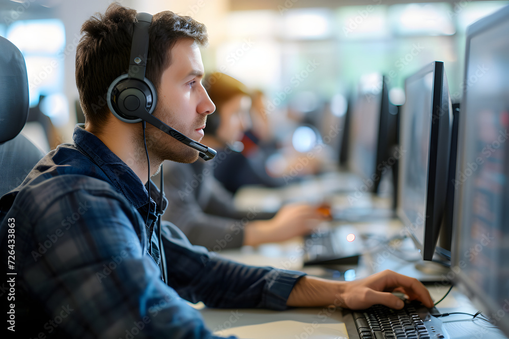 male person working at callcenter, sitting at desktop with headset male person working at callcenter, sitting at desktop with headset