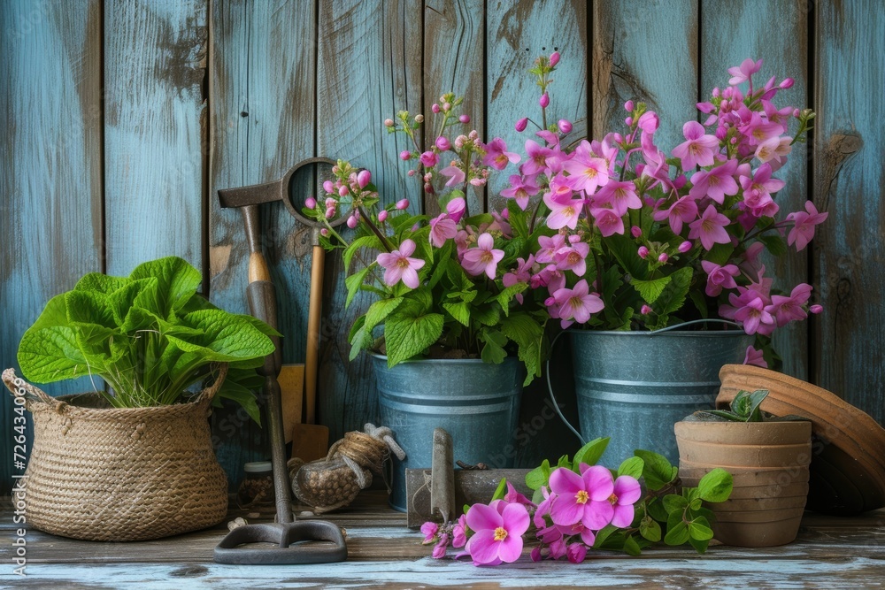 Spring flowers with gardening tools