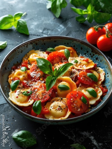 Ravioli with tomato sauce and basil on dark background