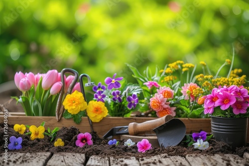 Spring flowers with gardening tools