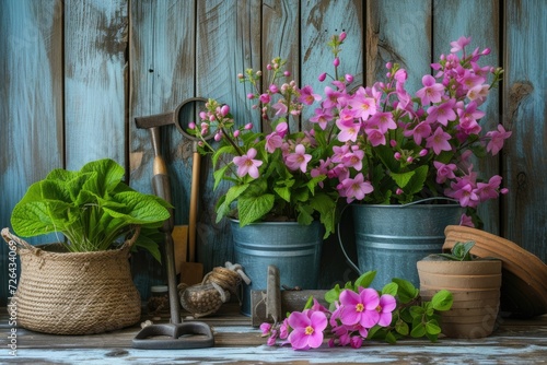Spring flowers with gardening tools © Lubos Chlubny