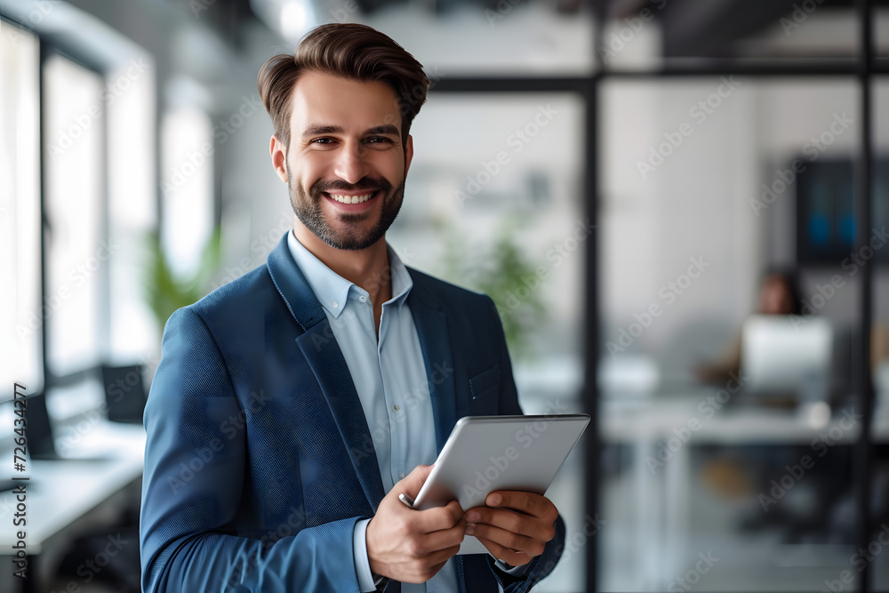 businessman holding tablet smiling, happy executive at office businessman holding tablet smiling, happy executive at office