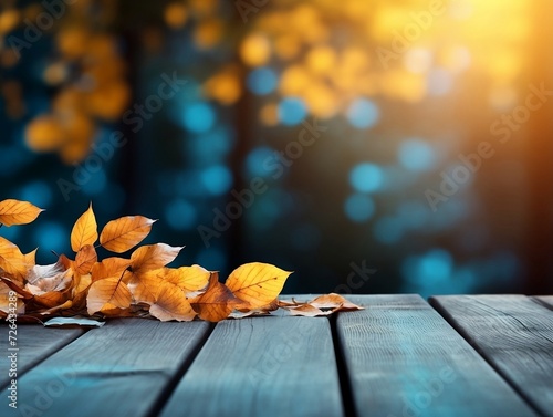 Autumn leaves on wooden table with fall leaves behind